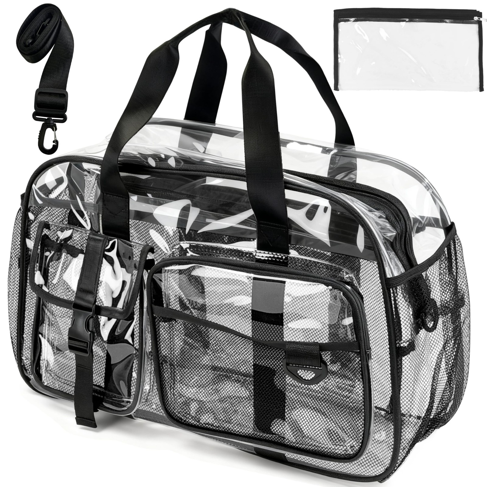 Large Clear Tote Bag 20” for Duffle with 10 Pockets, Clear Gym Crossbody B