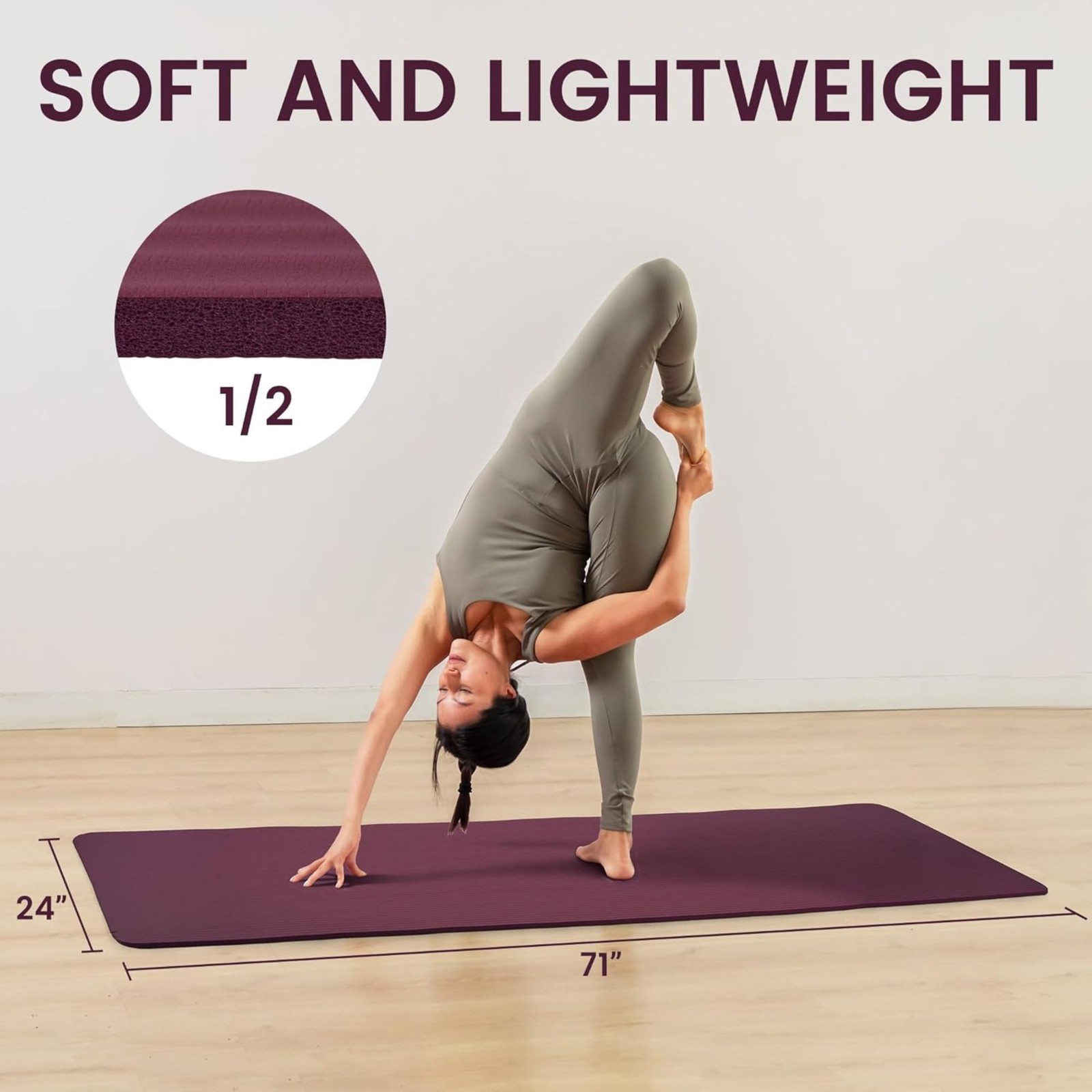 Fitvids 1/2&Prime; Thick High Density Yoga Mat, Carrying Strap, Deep Wine (Used)