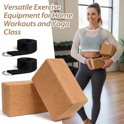 6 Pcs Cork Yoga Blocks with Straps – 9x6x4 Inch – 8.2 FT – Cork Brick