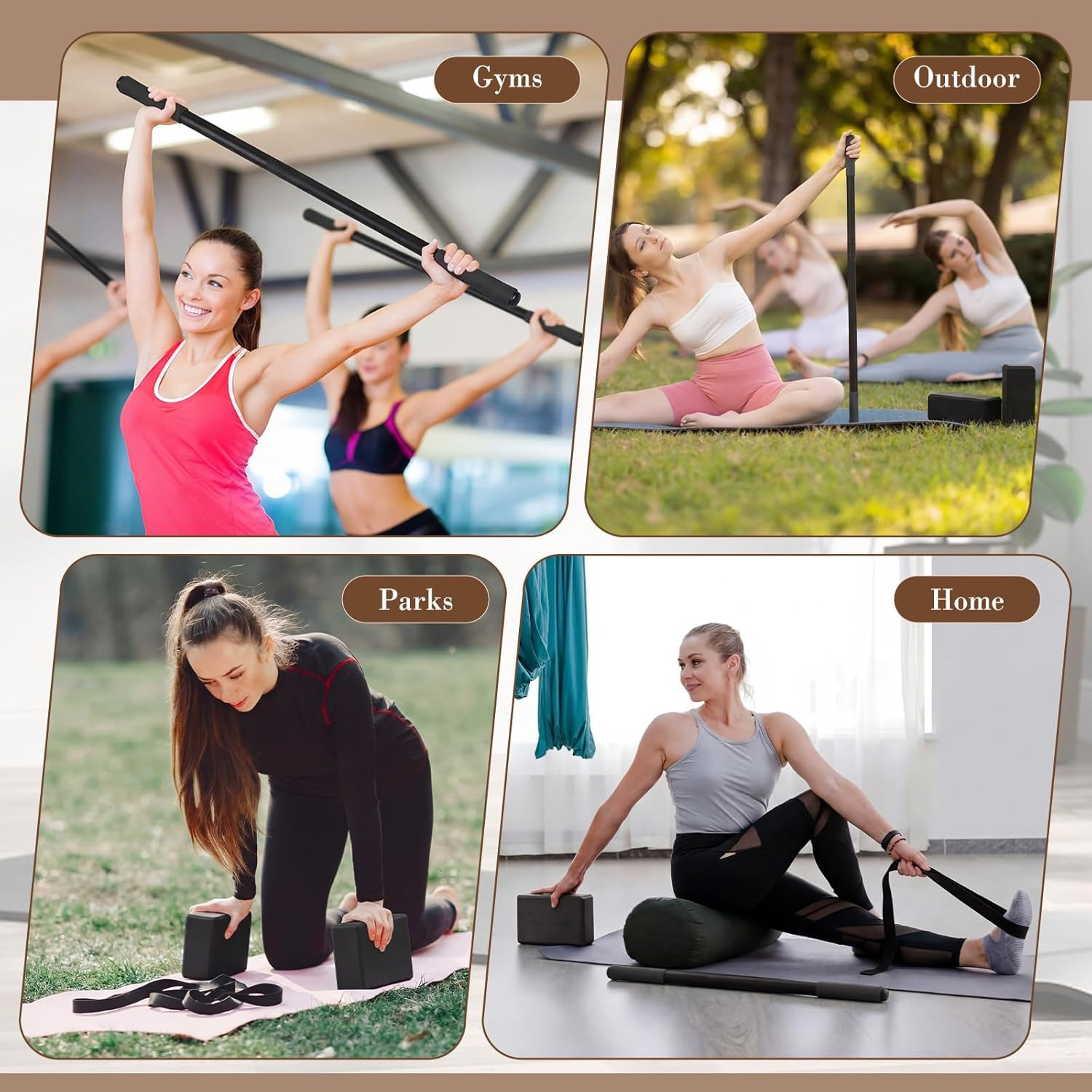 4 Pcs Adjustable Yoga Stick Set with Strap & Blocks – 60 Inch