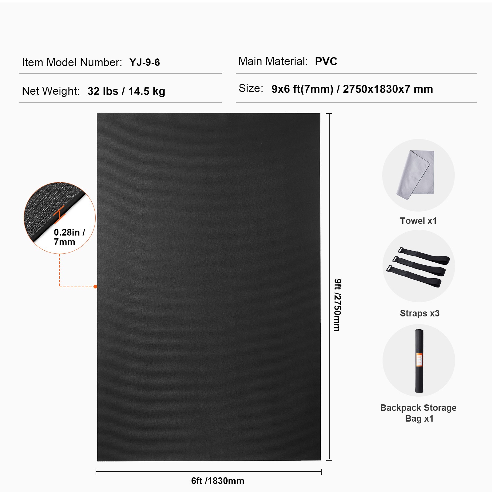 Exercise Mat Non Slip Yoga Mat Gym Fitness Pilate Workout Mat (9x6ft)