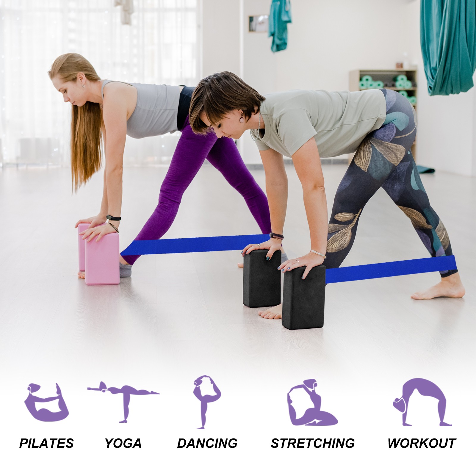 2Pcs Yoga Blocks and 1Pcs Blue Resistance Band Set EVA Dark Blue Yoga Blocks