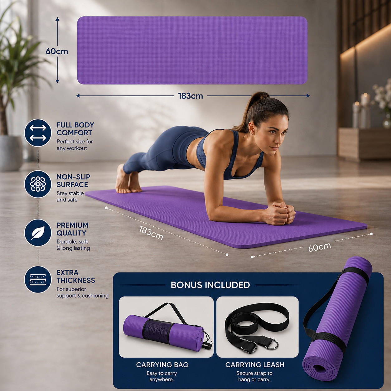 Large Yoga Mat 6mm Thick Home Exercise Non-Slip Gym Exercise Mat 72&Prime;x24&Prime; (Blue)