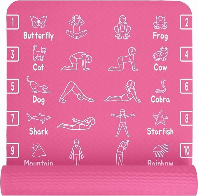 Kids Yoga Mat Non-Slip TPE Exercise Mat 24×59 6mm Thick Animal Poses Carry Strap