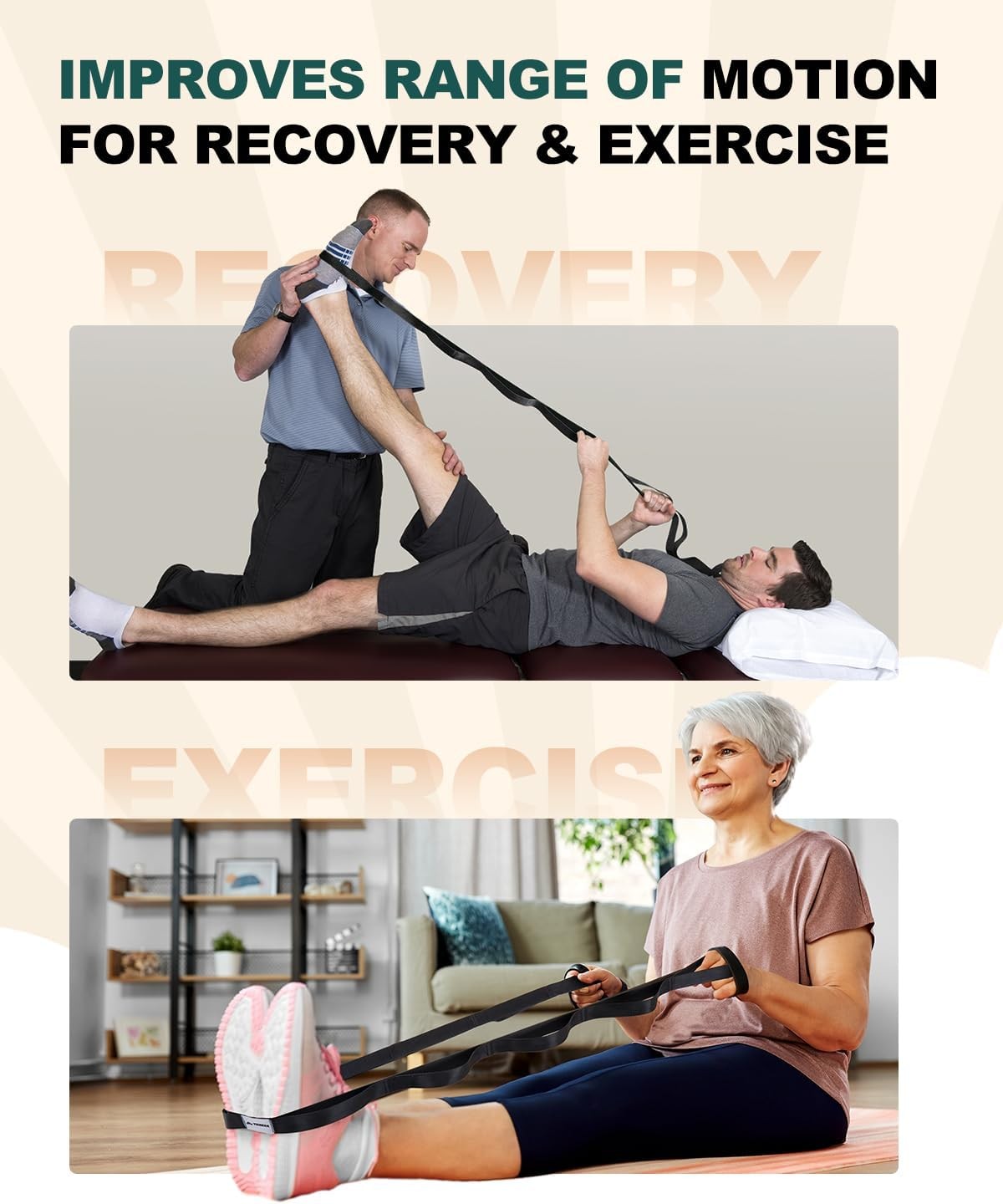 Trideer Stretching Strap for Physical Therapy & Home Rehab, Non-Elastic Yoga Str