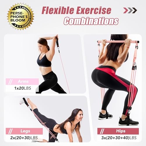 Upgraded Pilates Bar Kit with Resistance Bands Natural Coral Pink(20/30/40lbs)