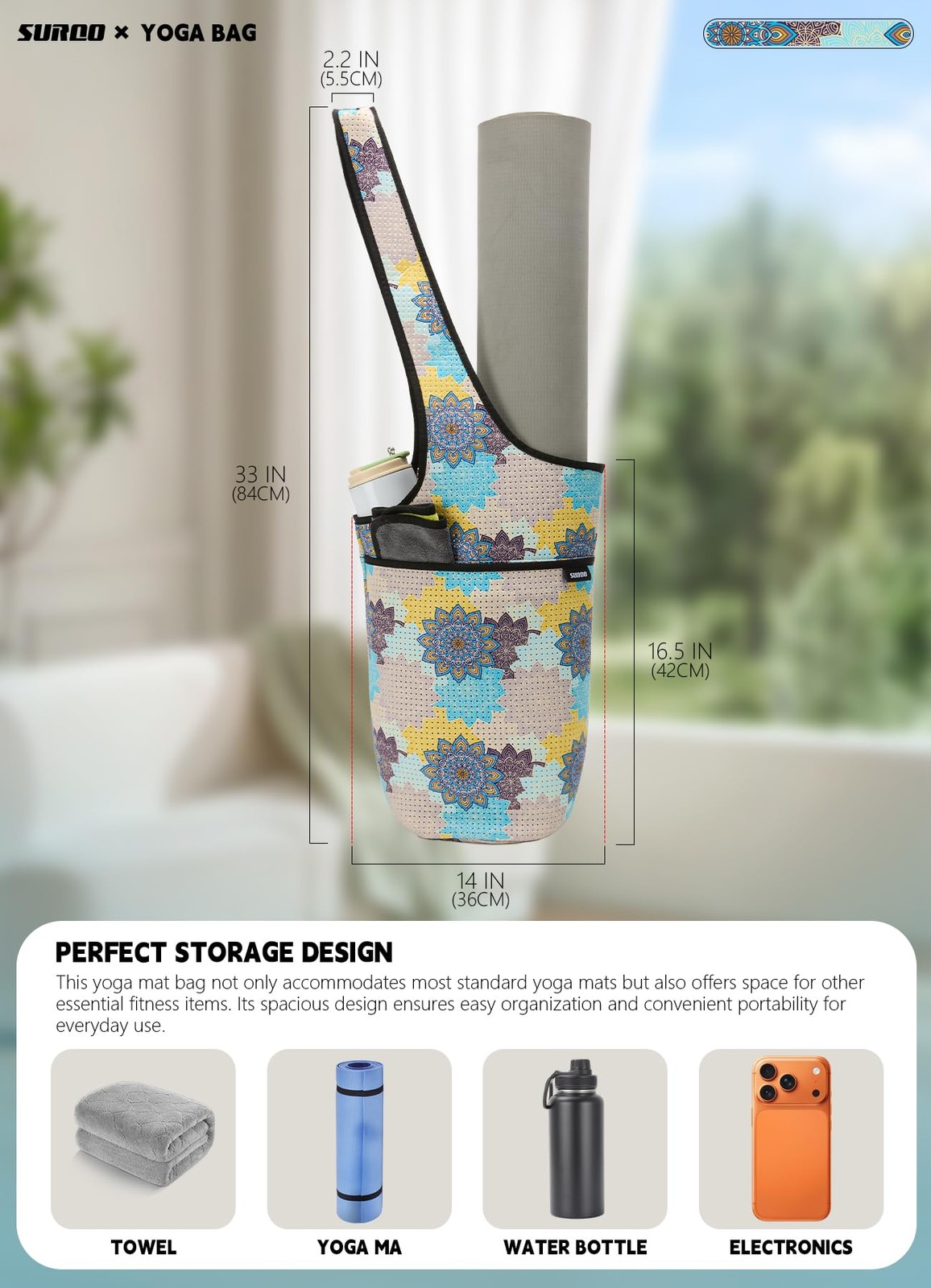 Yoga Mat Bag Neoprene Lightweight Carrier Large Zipper Pocket Gym Fitness