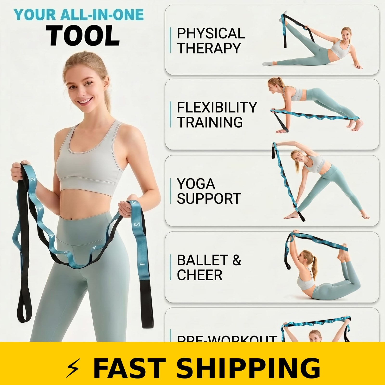 Acozycoo Stretching Strap with Loops for Yoga & Therapy – Blue