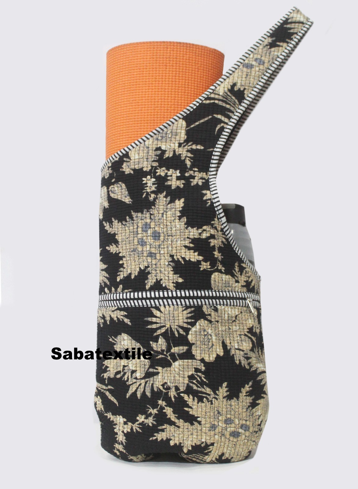 Black Floral Jhola Tote Bag, Quilted Yoga Mat Bag Indian Handblock Yoga Mat Bags