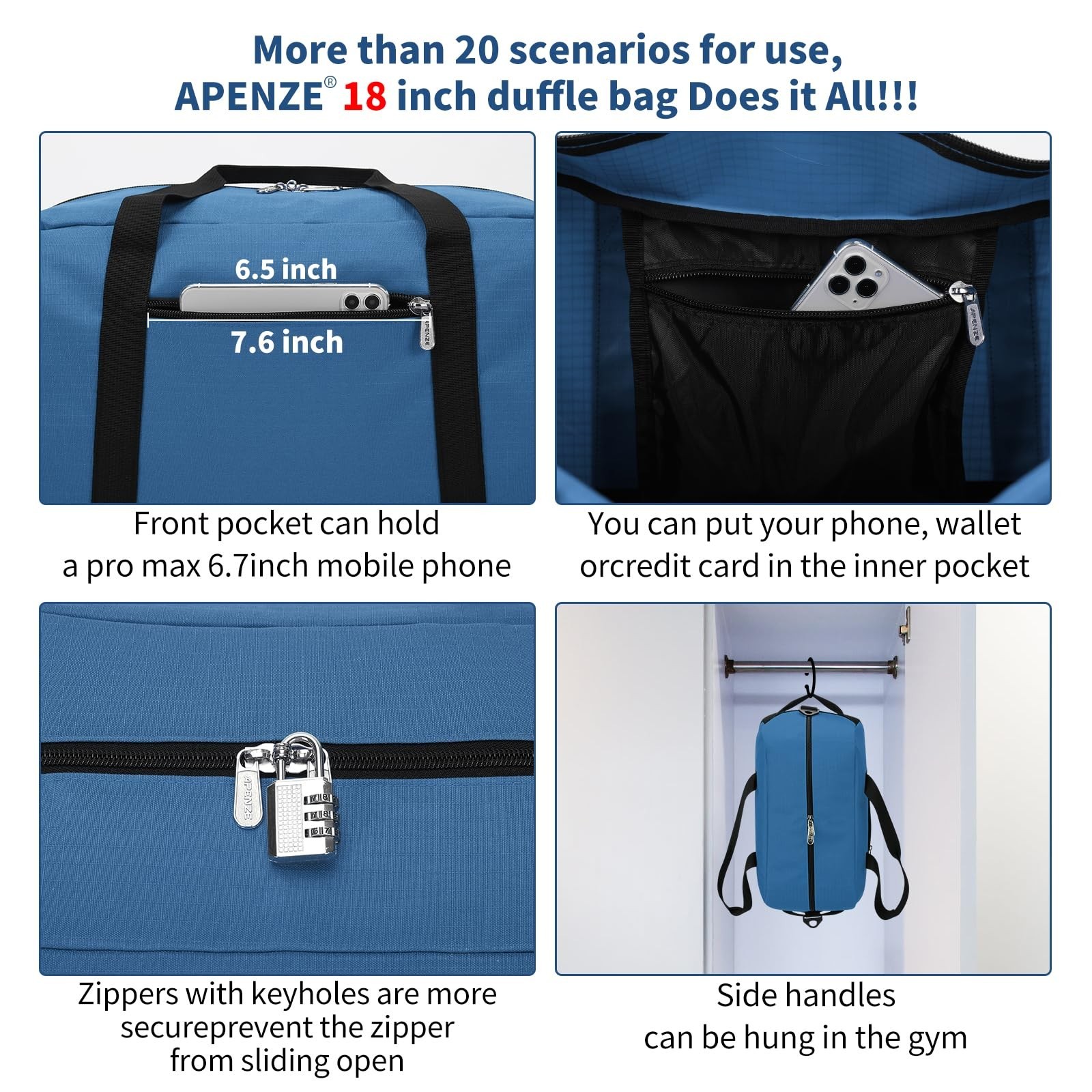 Apenze Small Gym Bag 18 inch Carry On Duffel Bag for Weekender Travel – Blue