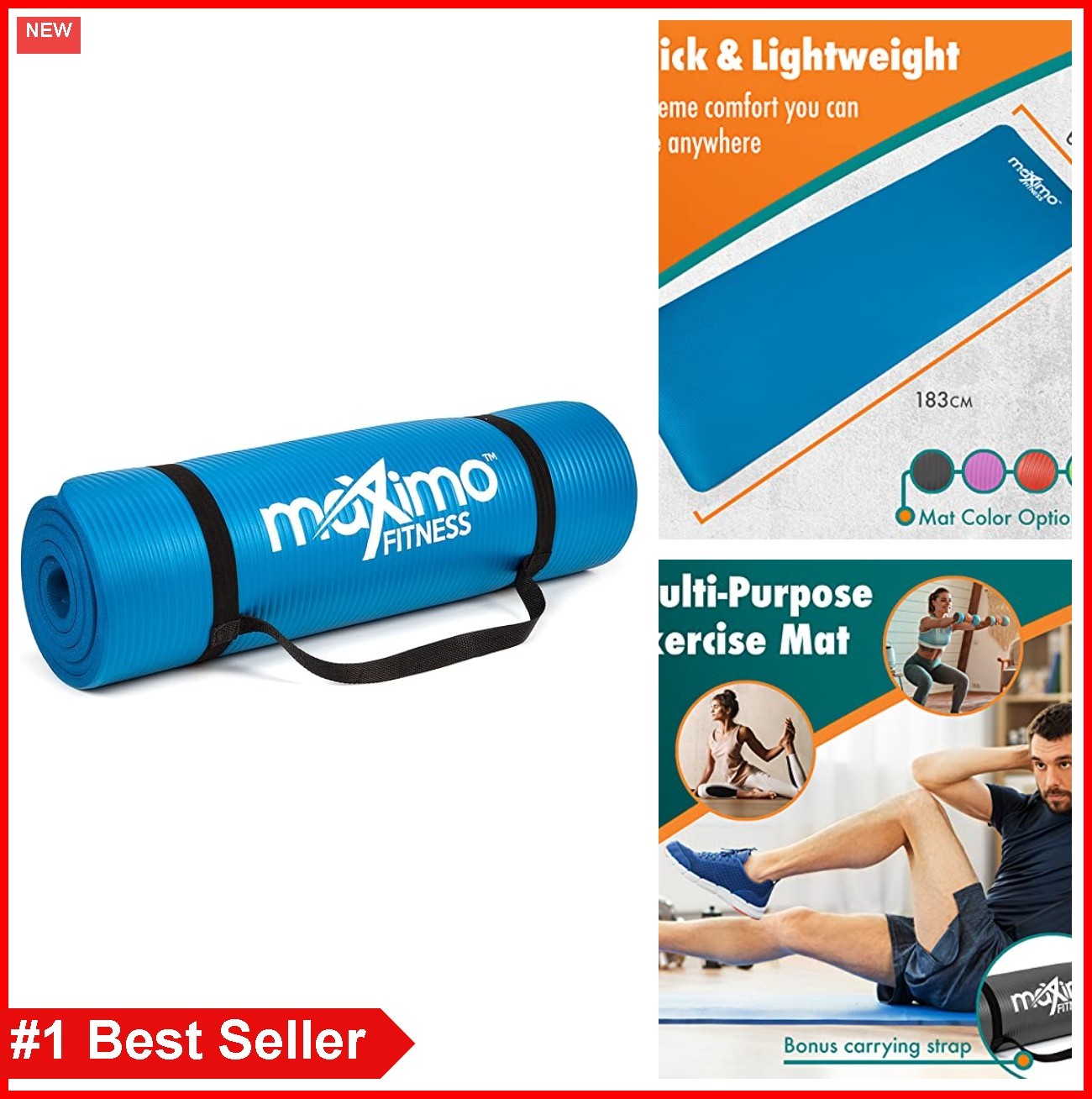Exercise Mat 183cm x 60cm 12mm Thick NBR Foam Yoga Pilates Stretching Mat with