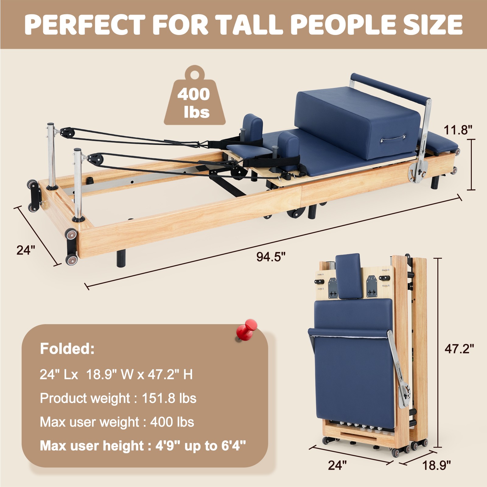 Pilates Reformer Machine,Wood Home Pilates Equipment, Foldable Pilates Reformer