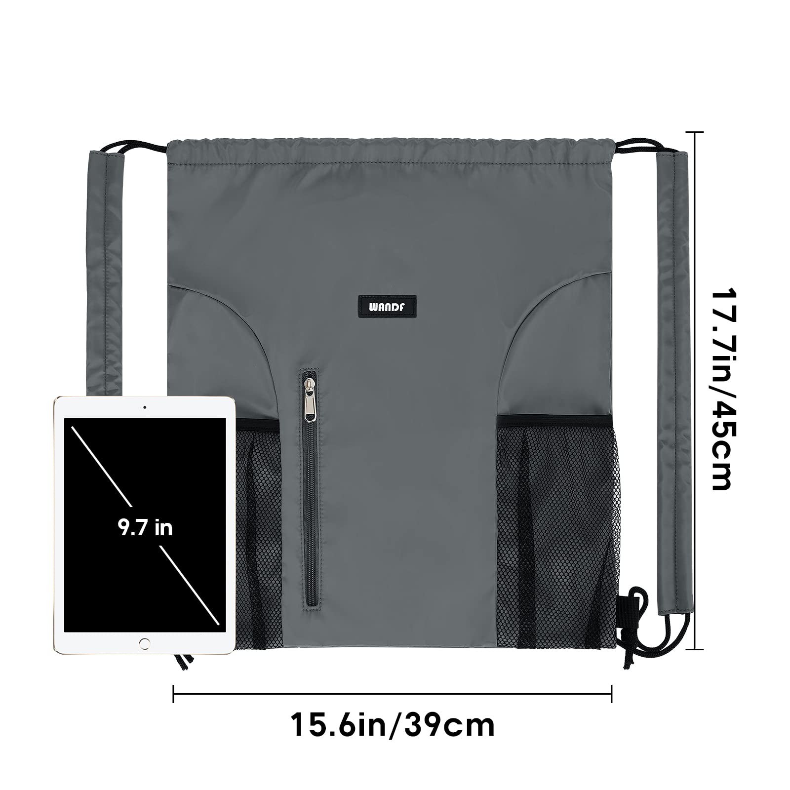 WANDF Drawstring Backpack with Shoulder Pad Sports Gym Backpack with Mesh Poc…
