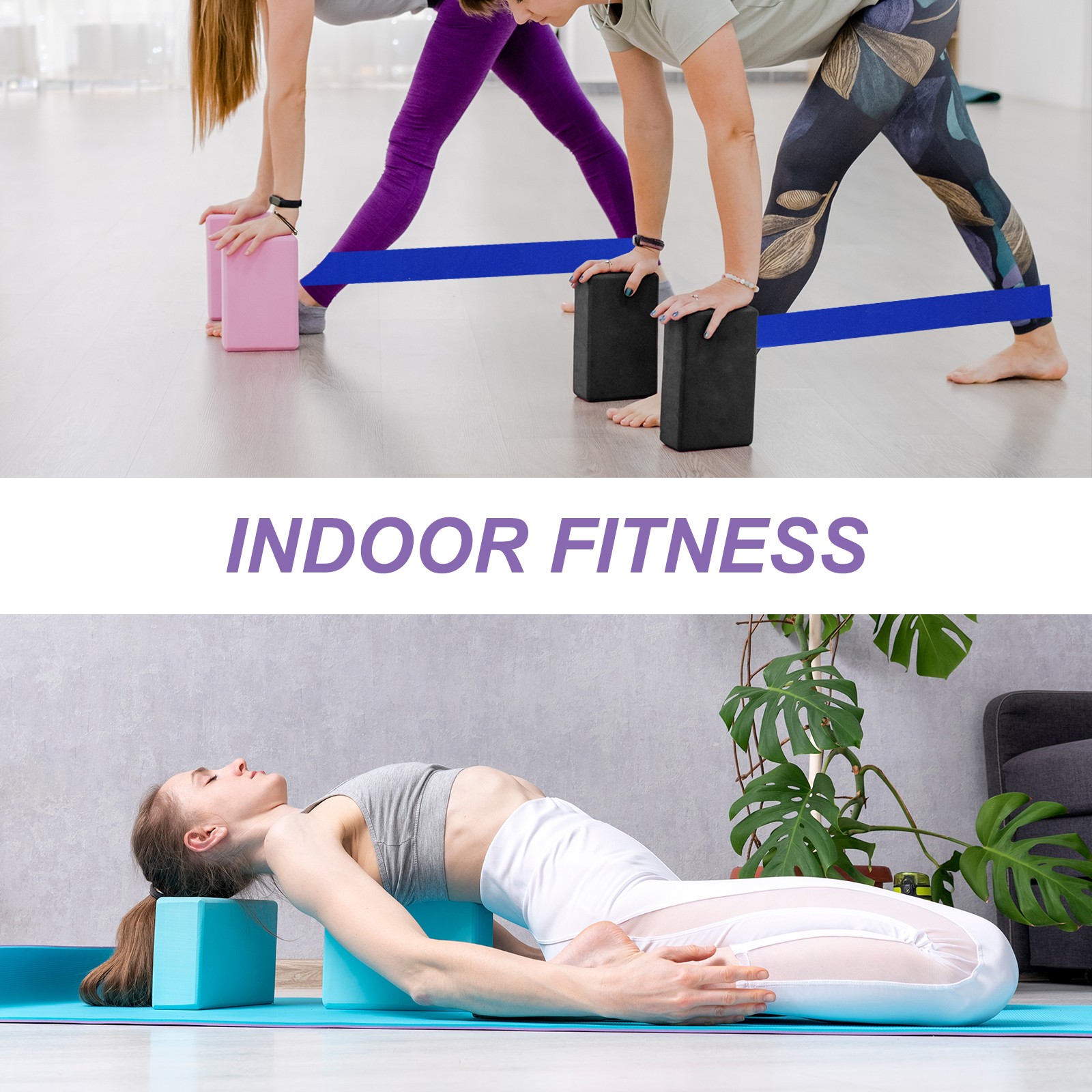 2Pcs Yoga Blocks and 1Pcs Blue Resistance Band Set EVA Dark Blue Yoga Blocks