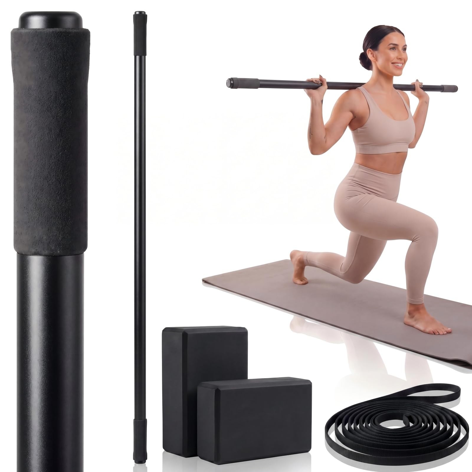 4 Pcs Adjustable Yoga Stick 30/45/60 In with Exercise Strap Yoga Blocks Exerc…