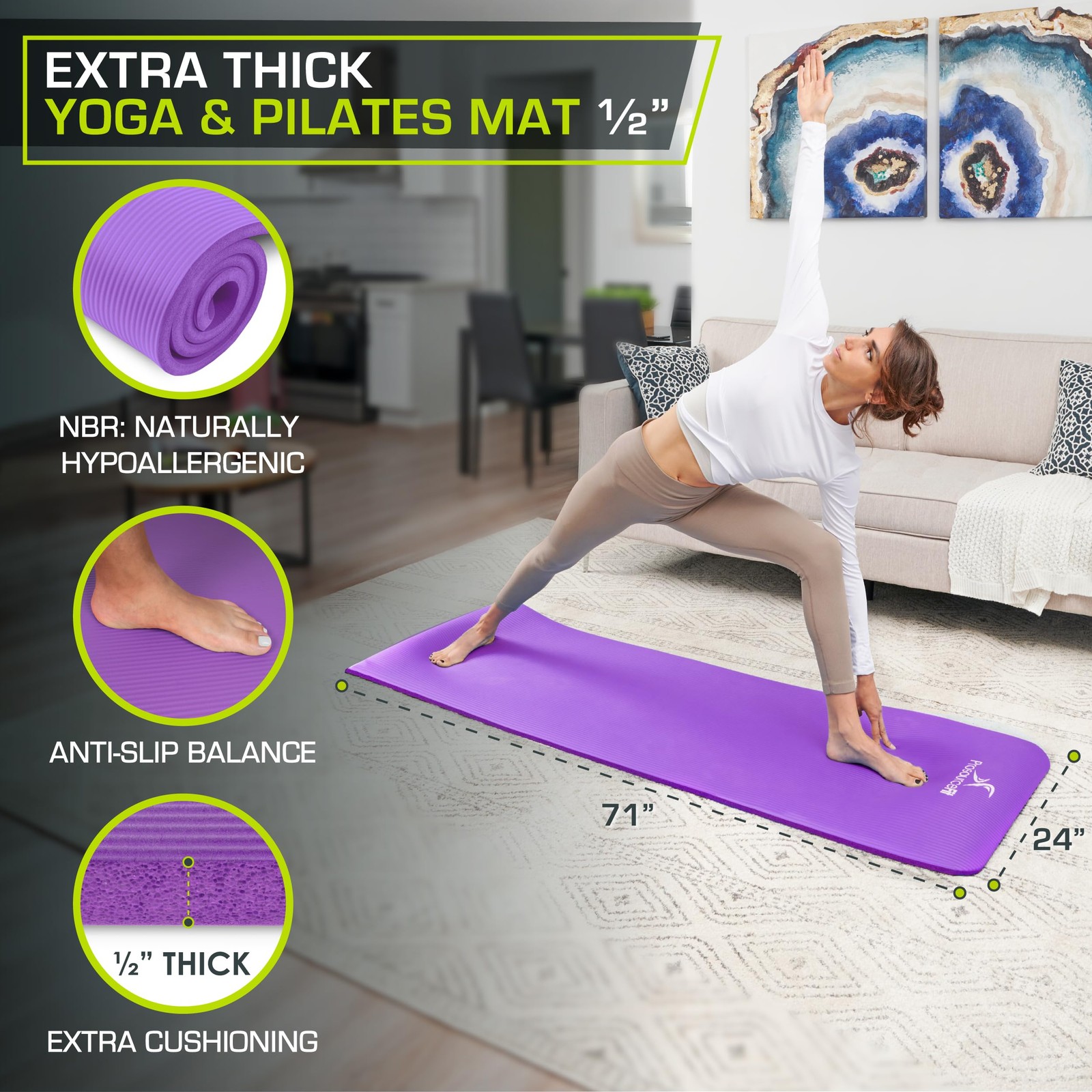 Extra Thick Yoga and Pilates Mat ½” (13mm), 71-inch Long High Density Exercis…