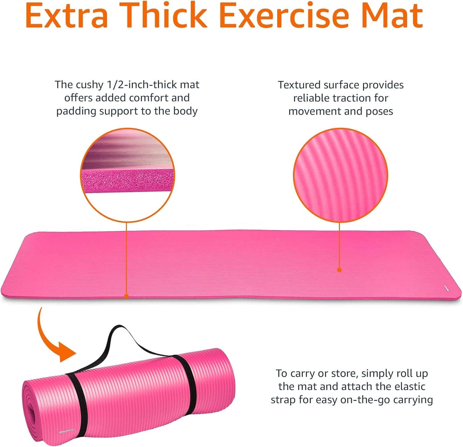Amazon Basics Pink Extra Thick Exercise Yoga Mat with Carrying Strap 74&Prime;L X 24&Prime;W