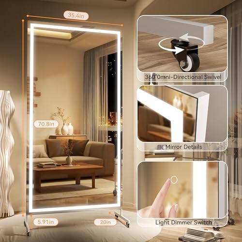Home Gym Mirror with Light 360° Swivel on Wheels, 71&Prime; x 71&Prime;L x 36&Prime;W White/ Led