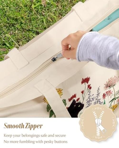 Large Tote Bag for Women – Canvas Tote Bag with Zipper Aesthetic Grass Cat