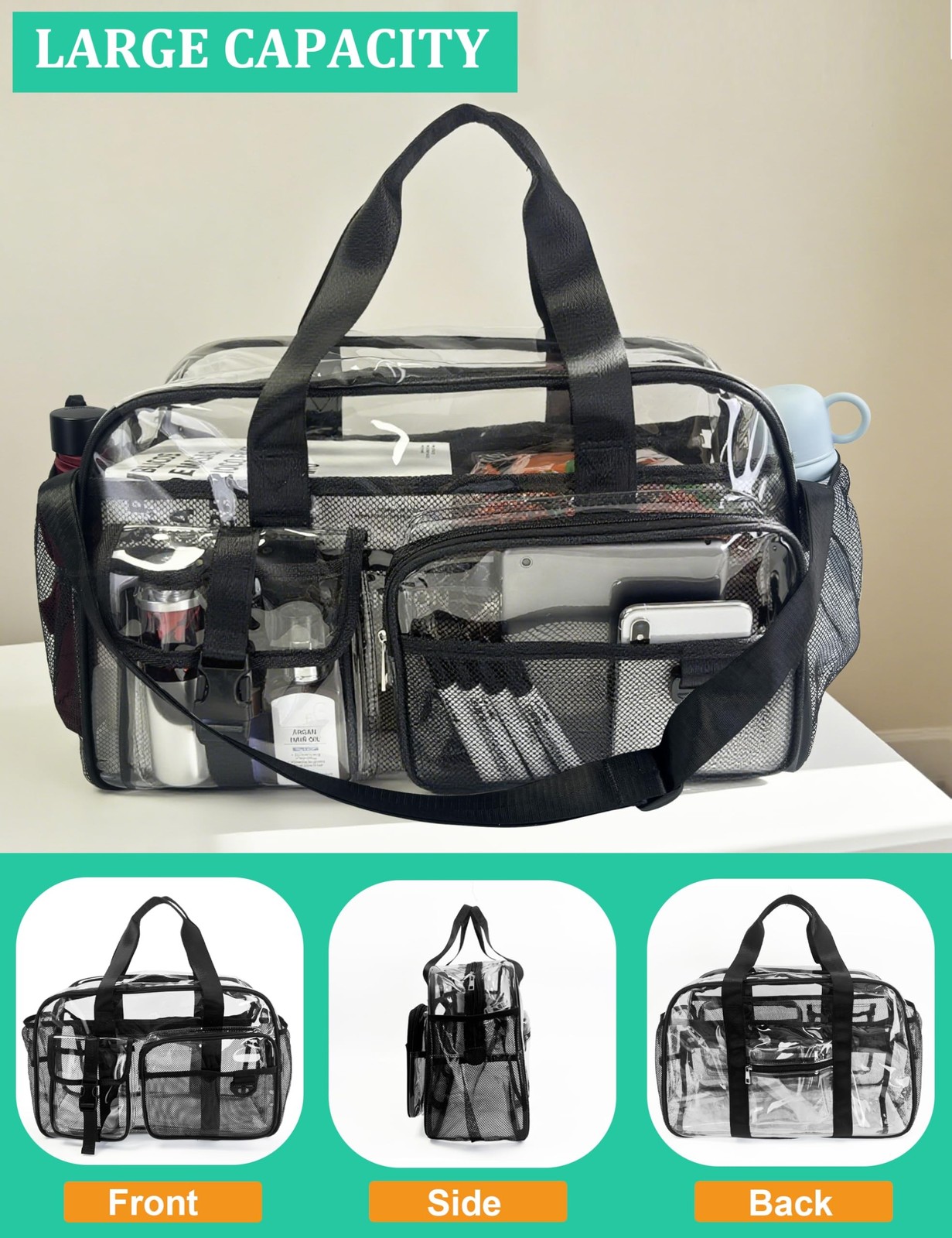 Large Clear Tote Bag 20” for Duffle with 10 Pockets, Clear Gym Crossbody B