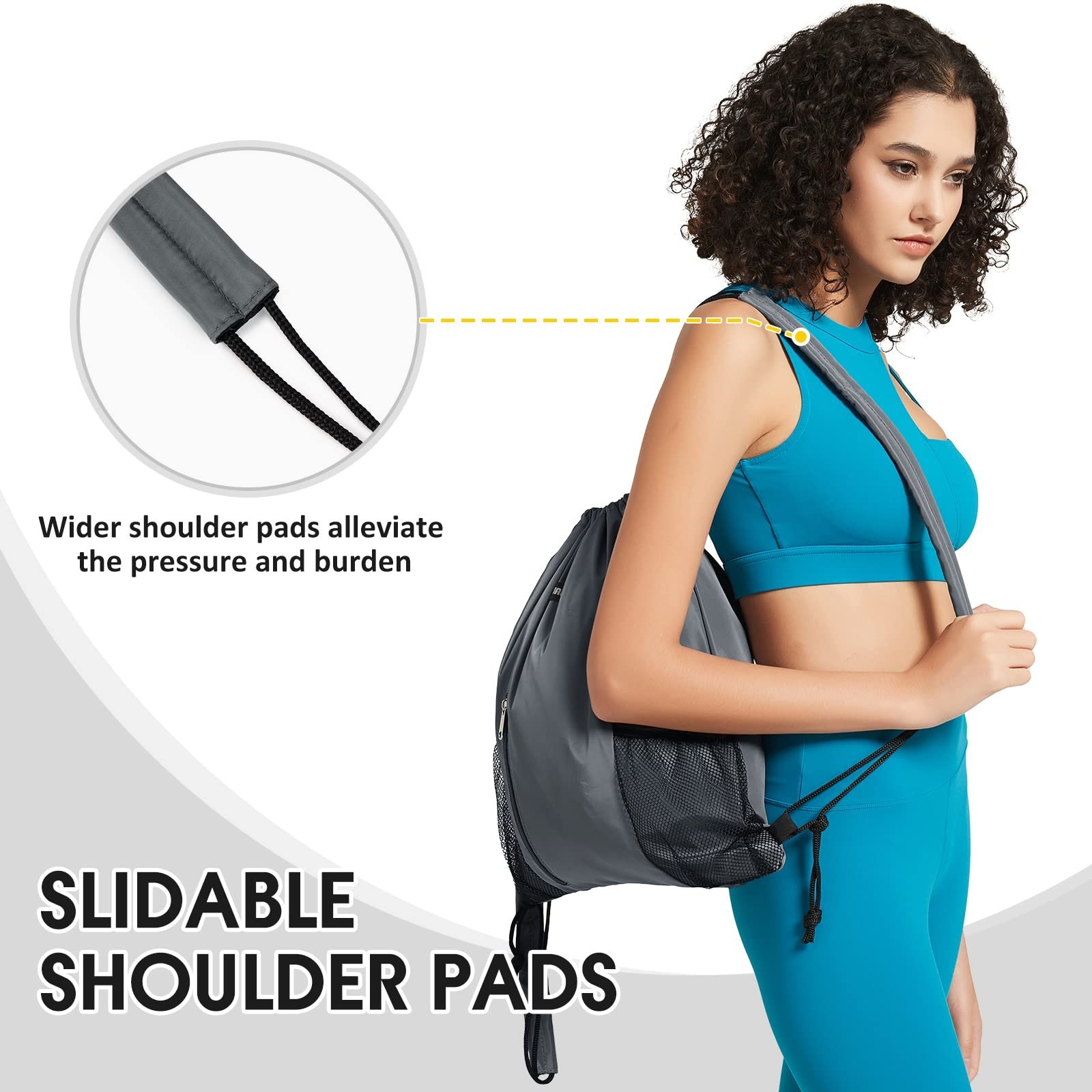 WANDF Drawstring Backpack with Shoulder Pad Sports Gym Backpack with Mesh Poc…