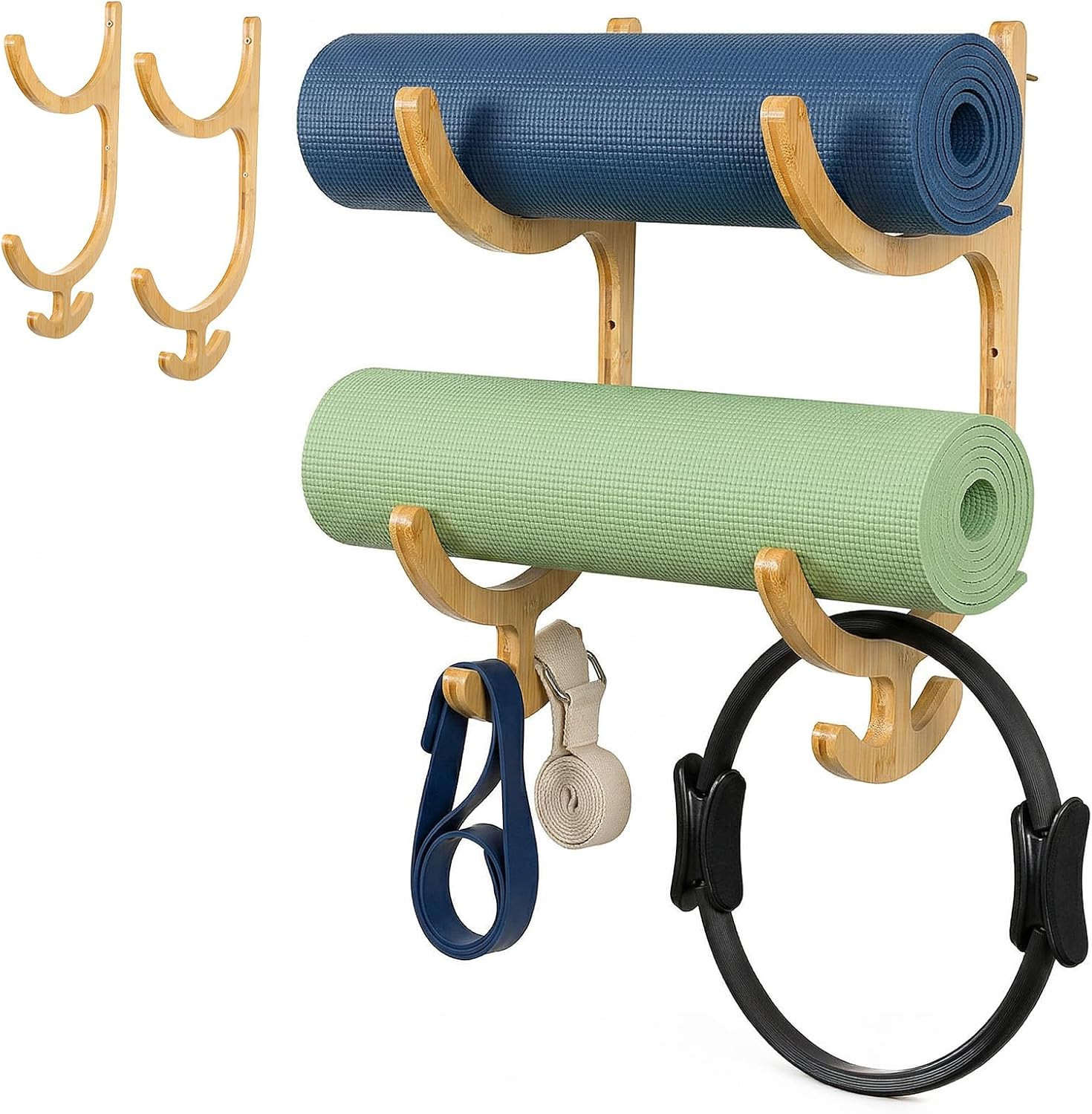 Wooden Yoga Mat Storage Rack Wall Mount, Yoga Mat Holder Hanging Hooks for Ho…