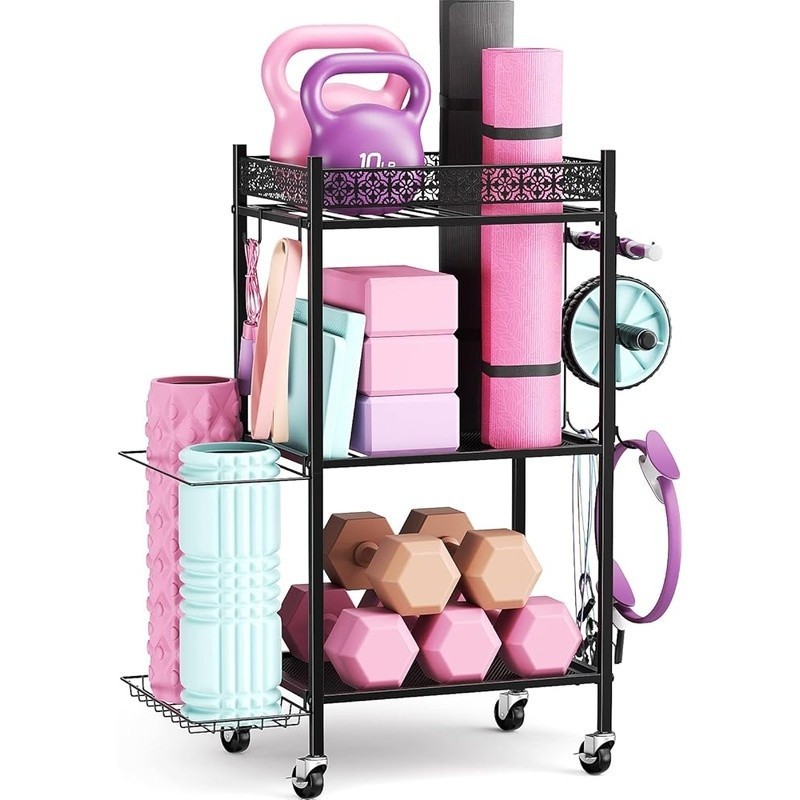 3 Tier Yoga Mat Storage Rack W/ Wheels Hooks Fitness Organizer Home Gym New