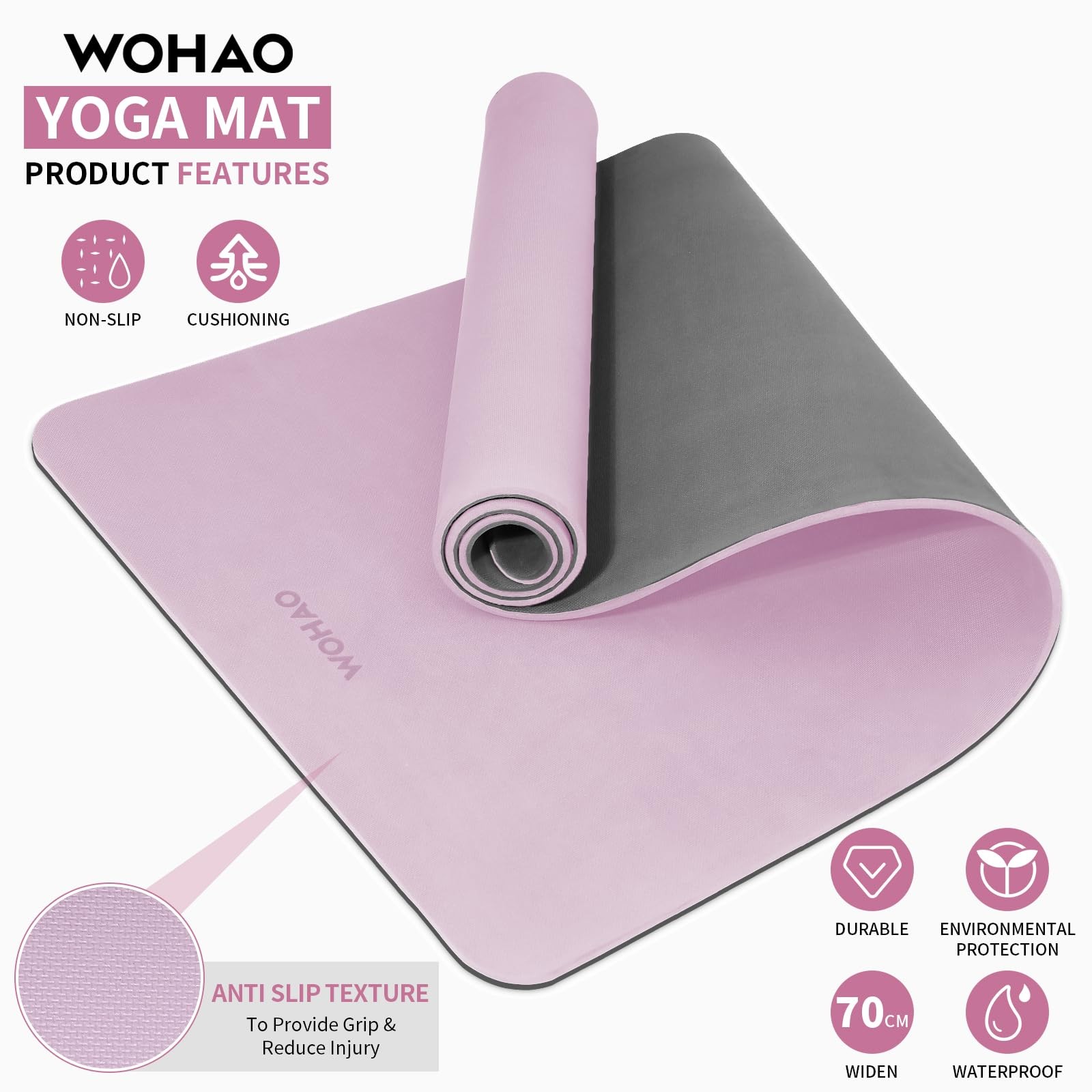 WOHAO Extra Thick 8mm Yoga Mat, 72&Prime;x28&Prime; Non 183*70*0.8cm, Taro Purple+Gray
