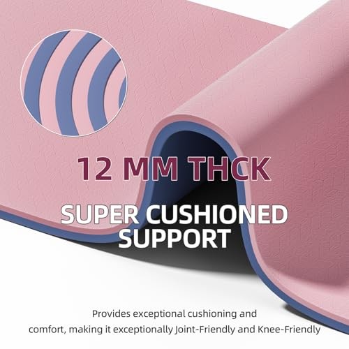 Extra Thick 12mm TPE Exercise Yoga Mat with Strap, 1/2 Inch Pink + Navy Blue