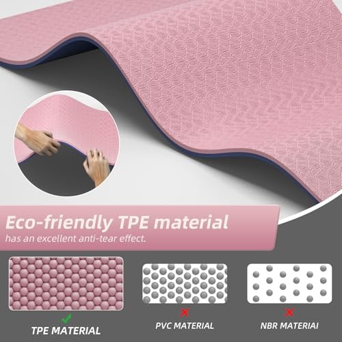 Extra Thick 12mm TPE Exercise Yoga Mat with Strap, 1/2 Inch Pink + Navy Blue