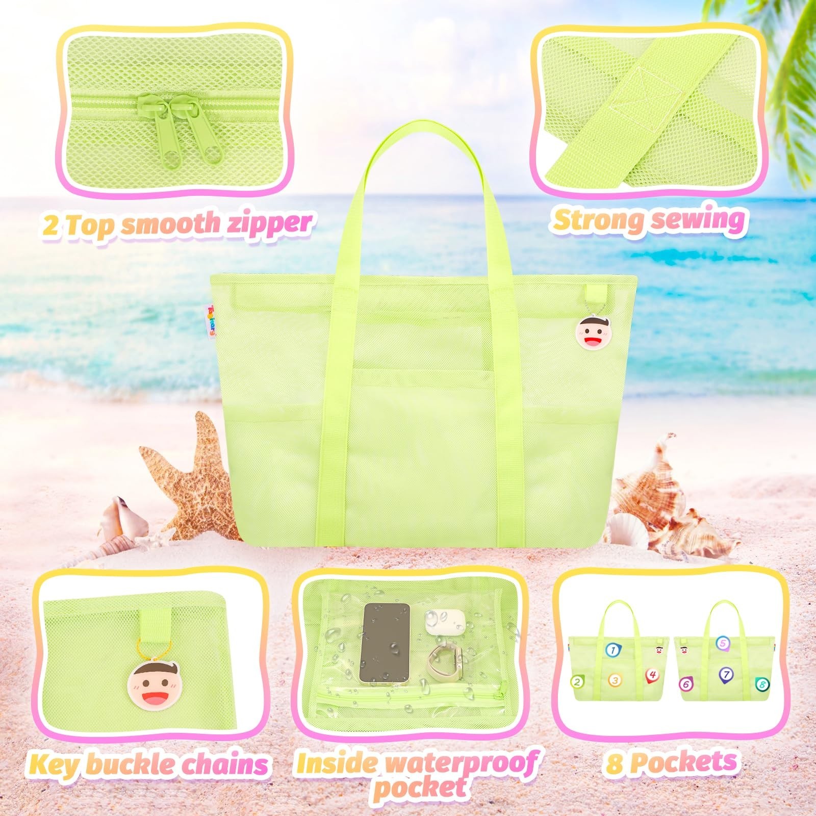 Tagitary Large Mesh Beach Bag with Zipper and Kids Beach Bag with Drawstring …