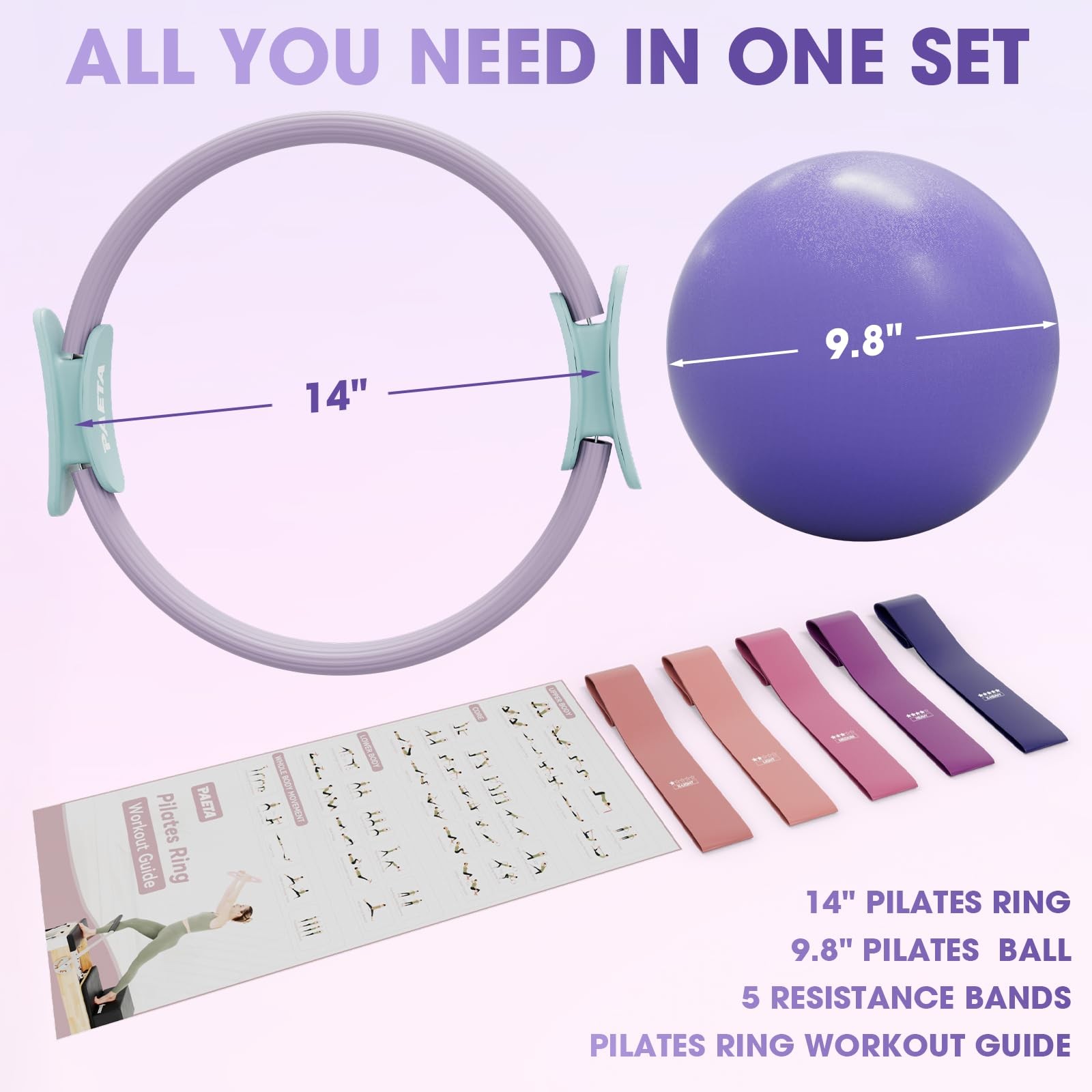Pilates Ring Set – 14” Magic Circle (38 lbs Resistance), 9.8” Pilates Ball, 5…