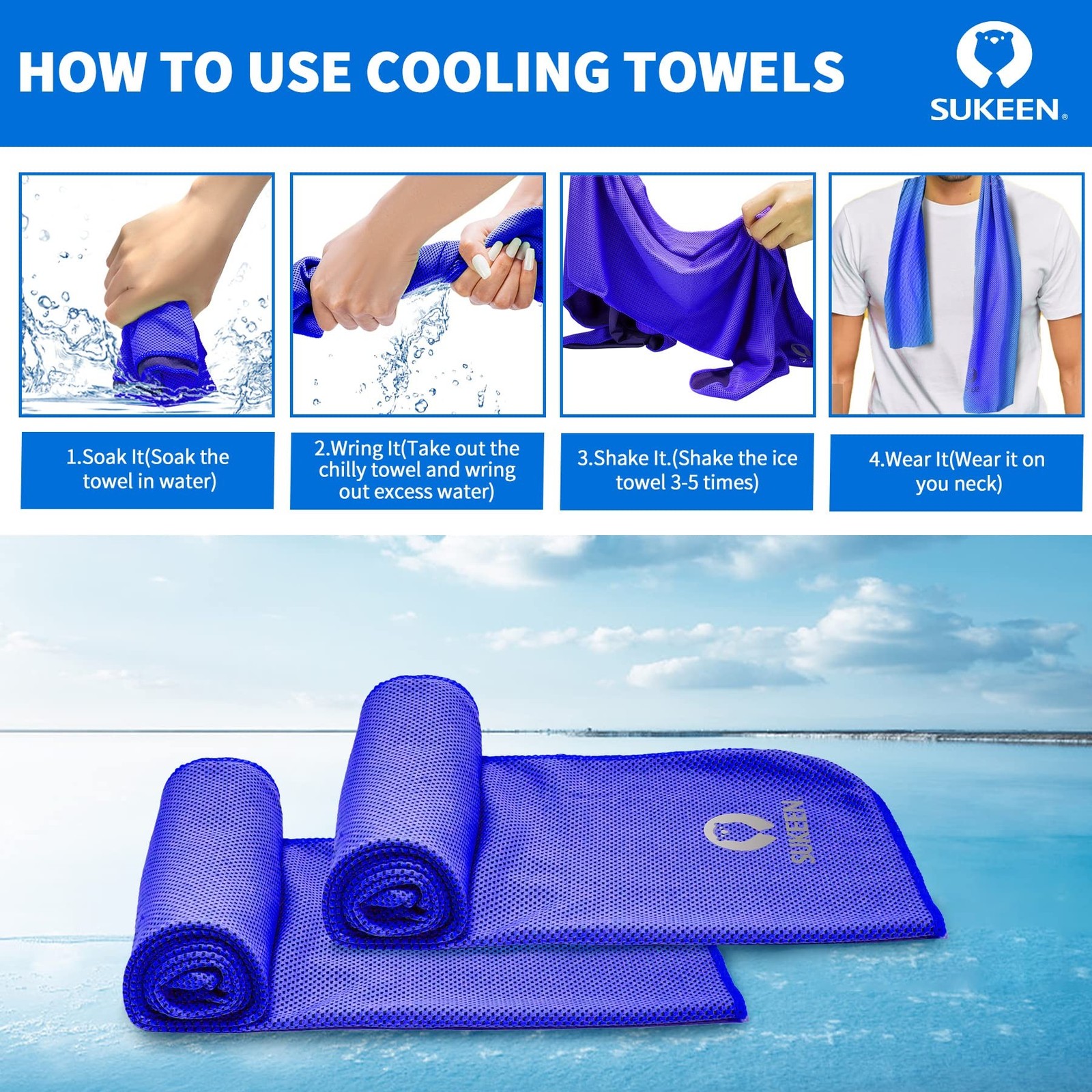 Sukeen Cooling Towel for Neck and Face (40&Prime;x12&Prime;), Microfiber Bulk Cooling Tow…