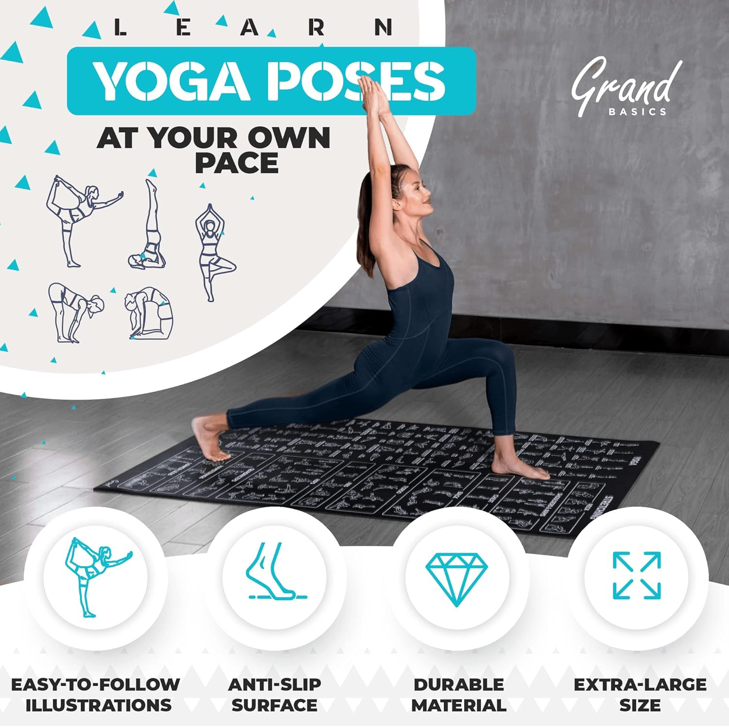 Extra-Large Instructional Yoga Mat with Poses Printed on It – 3X Bigger & 2X Wid