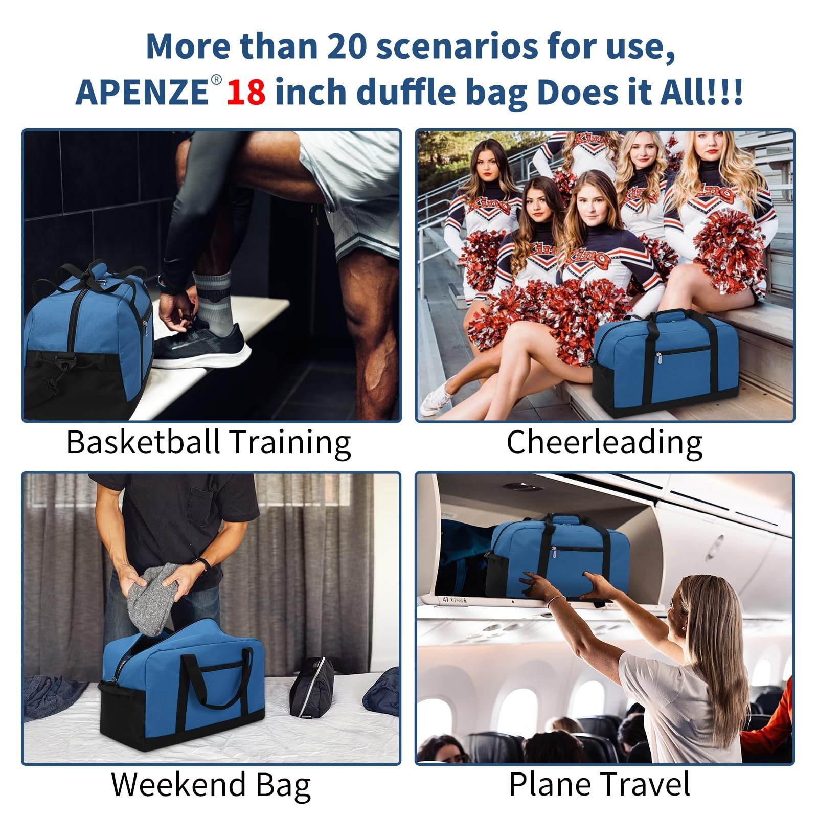 Apenze Small Gym Bag 18 inch Carry On Duffel Bag for Weekender Travel – Blue
