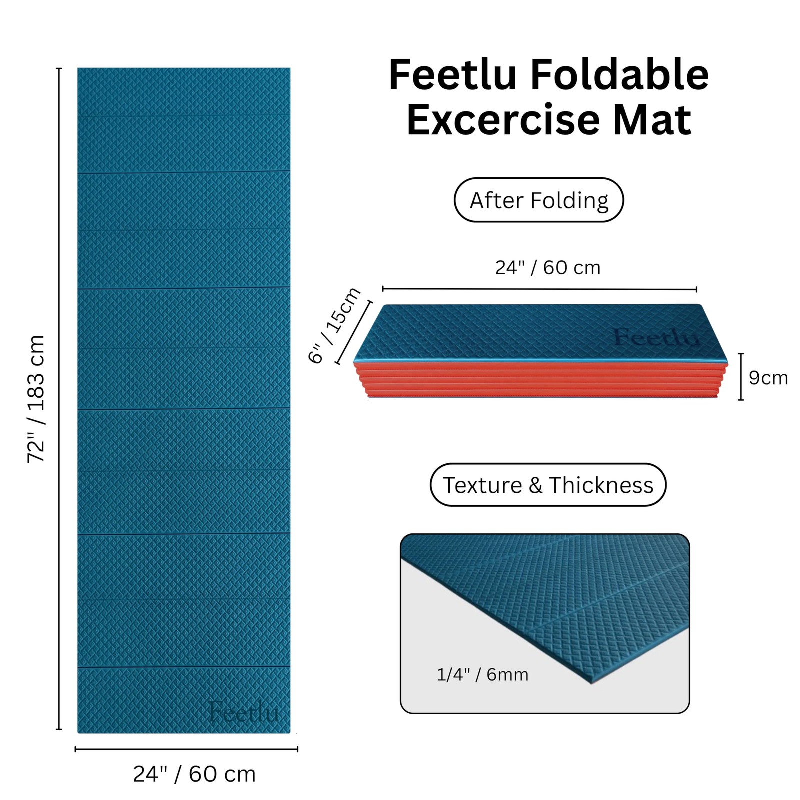 Foldable Yoga Exercise Mat, 6mm/8mm/10mm/12mm Thickness, 72 x 24 Inch – Light…