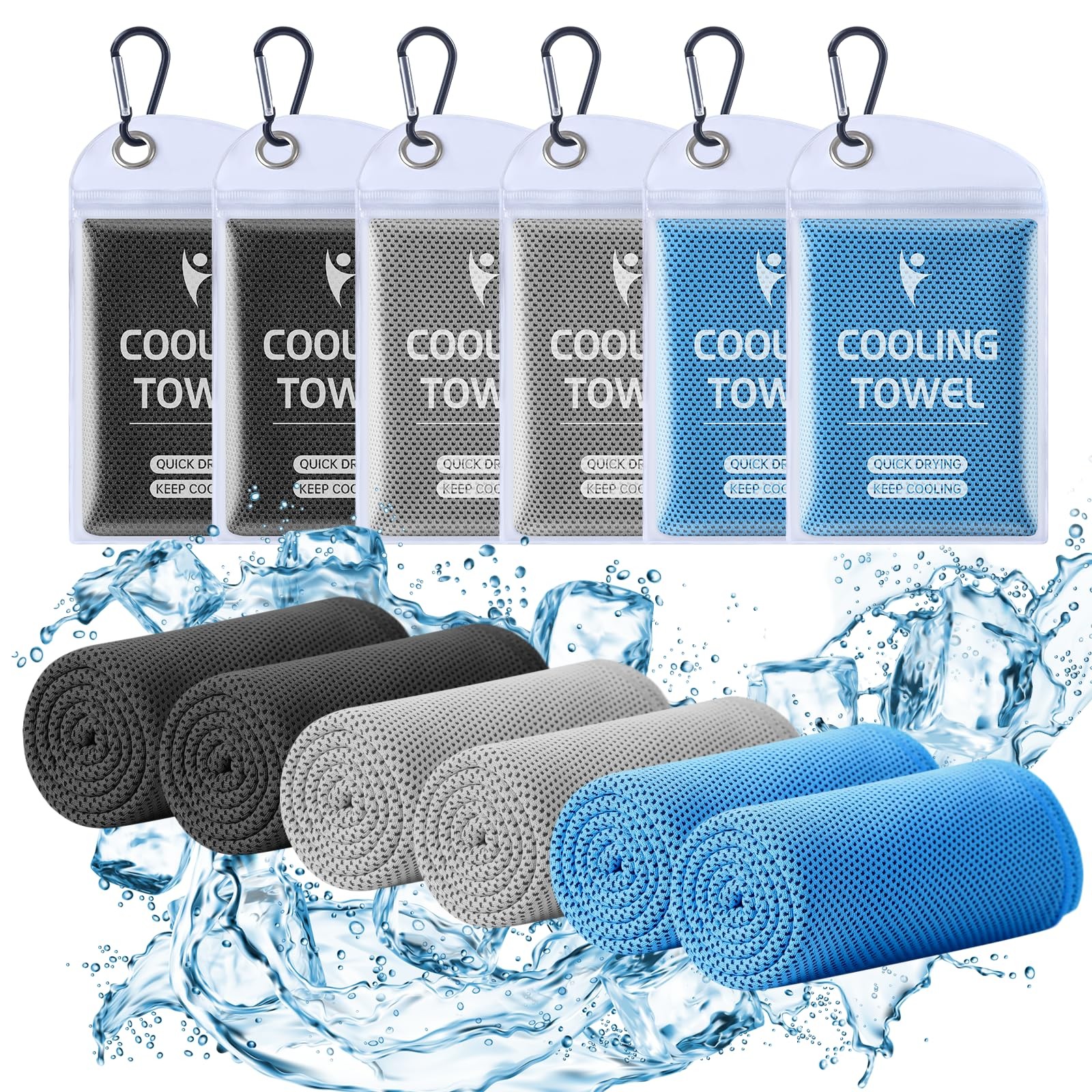Clothirily Cooling Towels (40&Prime;x12&Prime;), One Size, 2 Black/2 Dark Grey/2 Blue