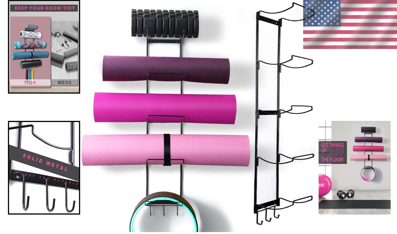 Yoga Mat Storage Rack with 3 Hooks for Accessories