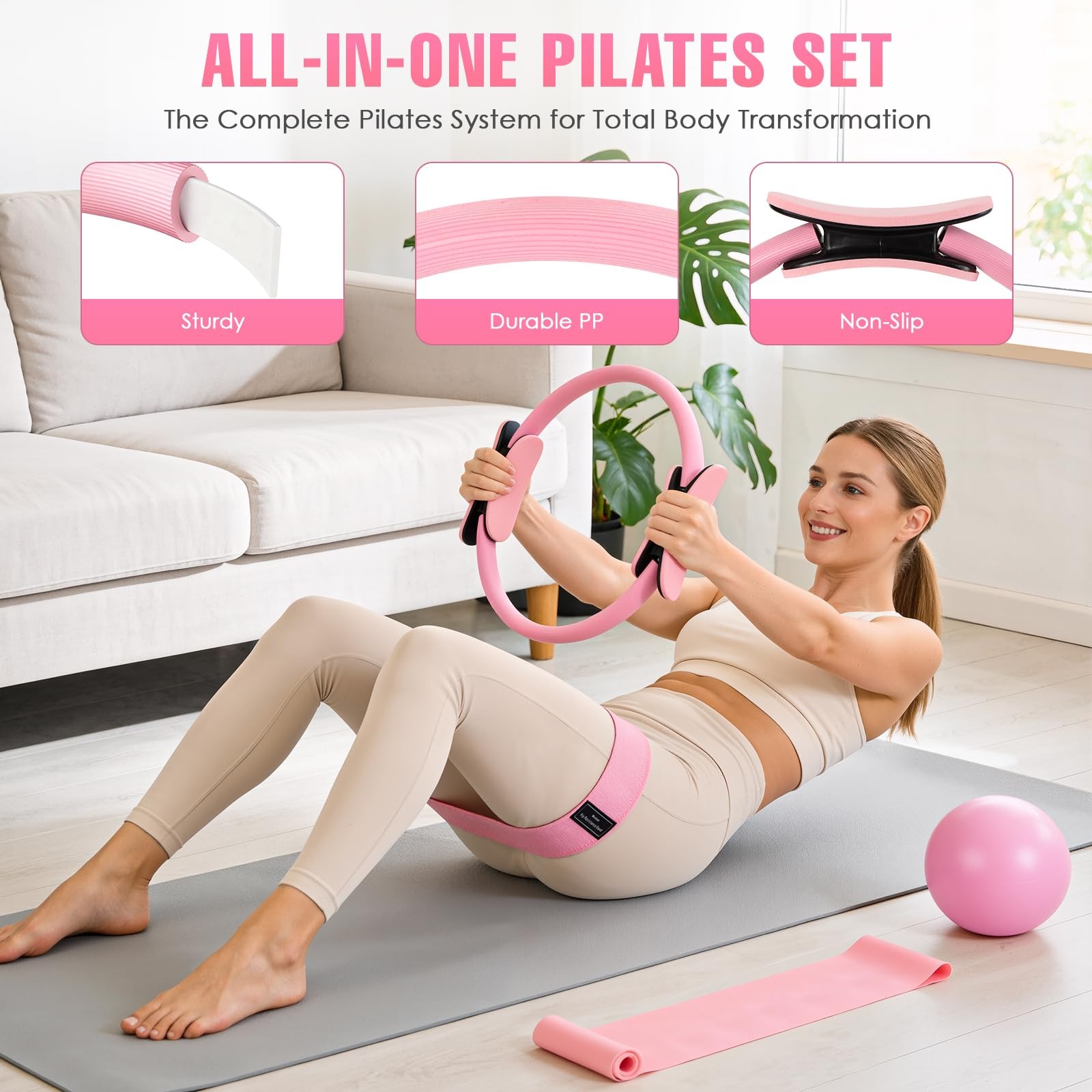 Pilates Equipment, Kit for Home Workouts, Pink