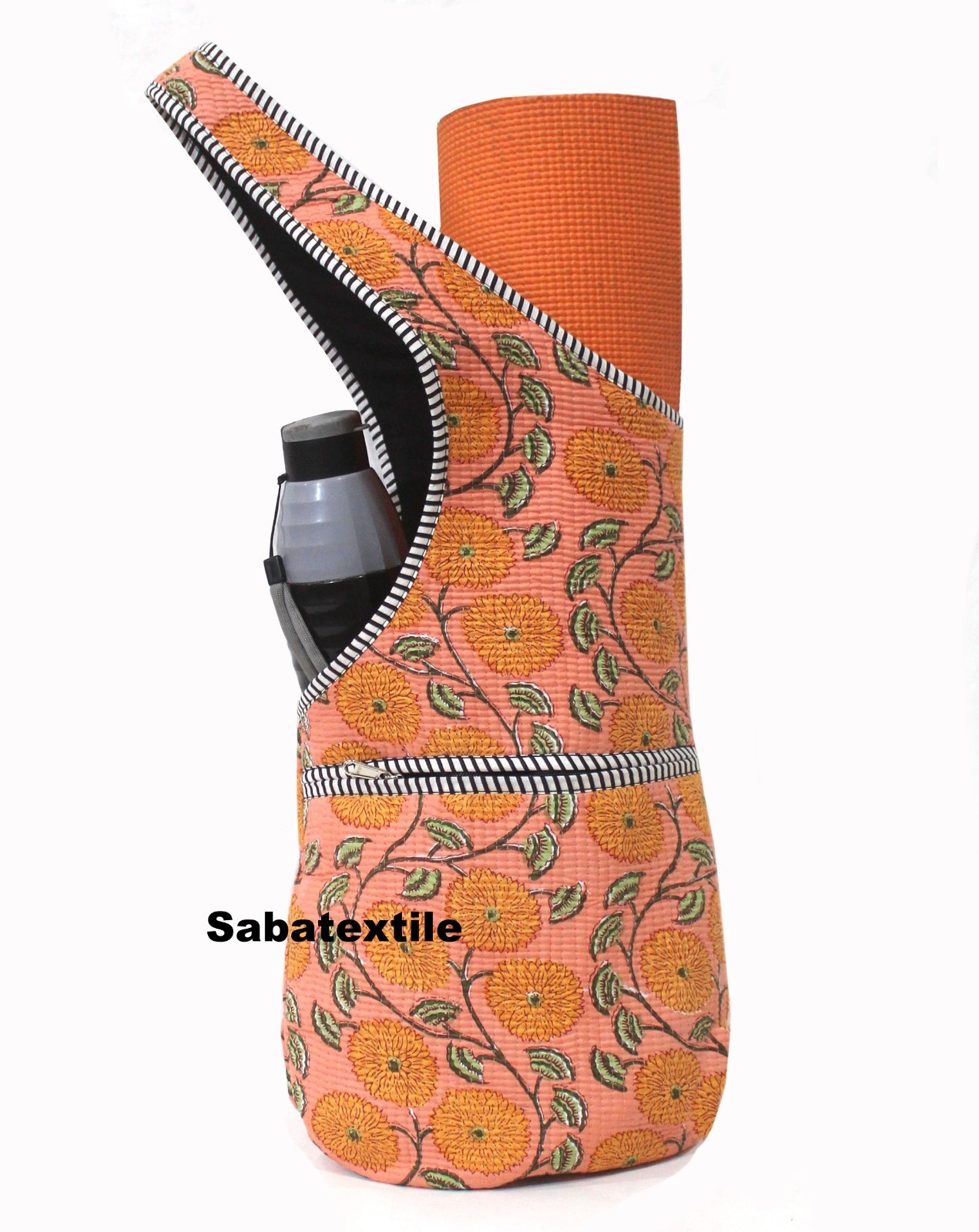 Indian Peach Floral Jhola Tote Bag, Quilted Yoga Mat Bag,Handblock Yoga Mat Bag