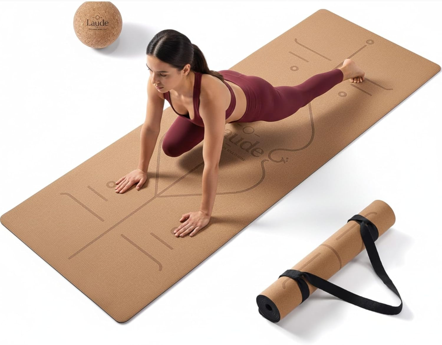 Laude Cork Yoga Mat + Ball Set – Sustainable Non Slip Yoga Mat with Strap – Thic