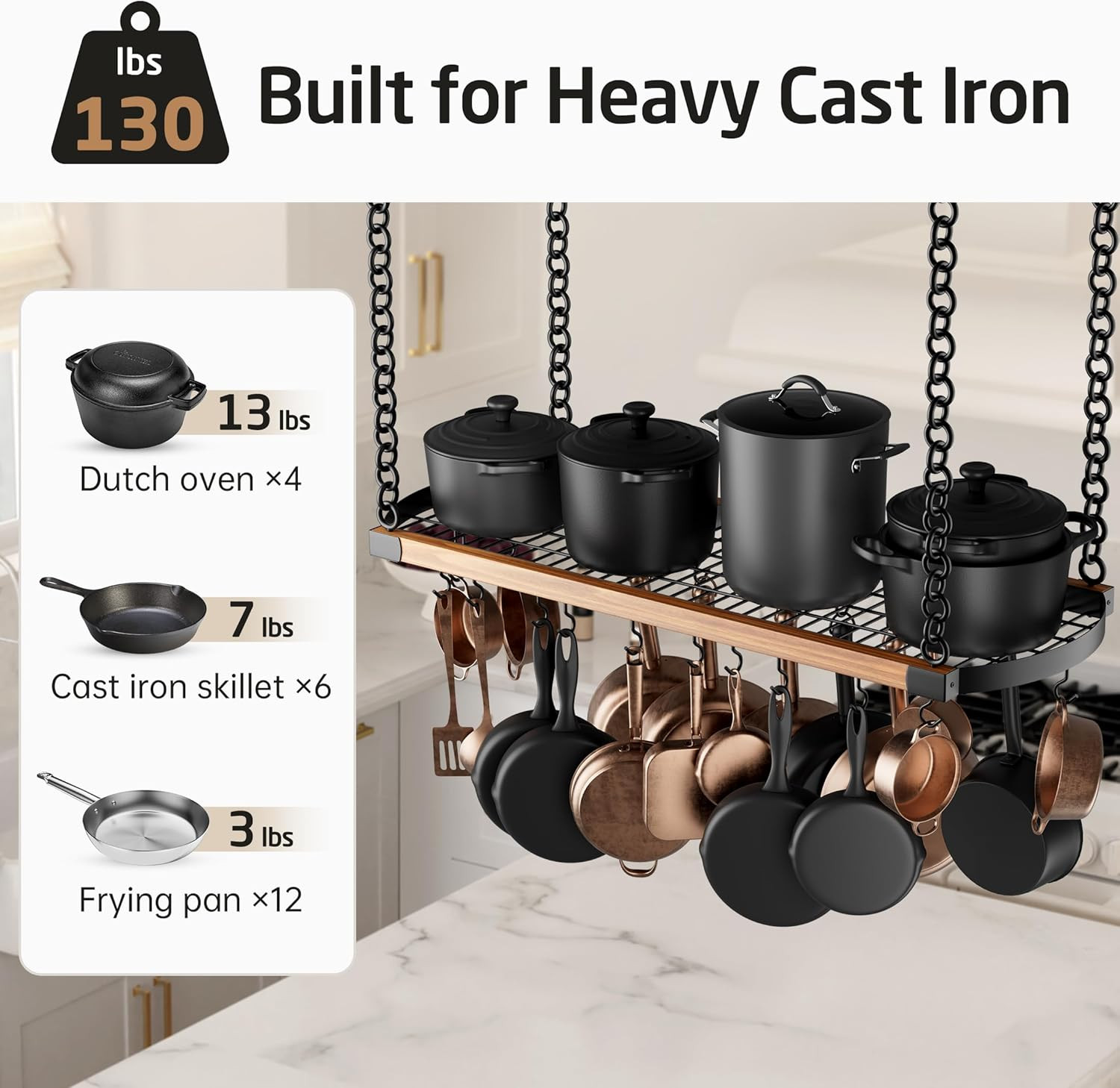 48 Inch Large Hanging Pot Rack Ceiling Mount with 130Lb High-Capacity, Ceiling P