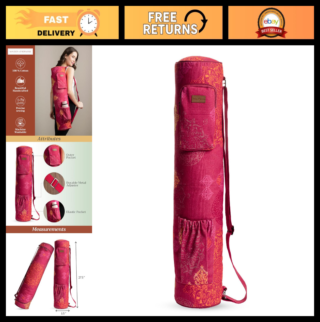 Cylindrical Yoga Mat Bag for Men & Women | Adjustable Straps, Water Bottle Pocke