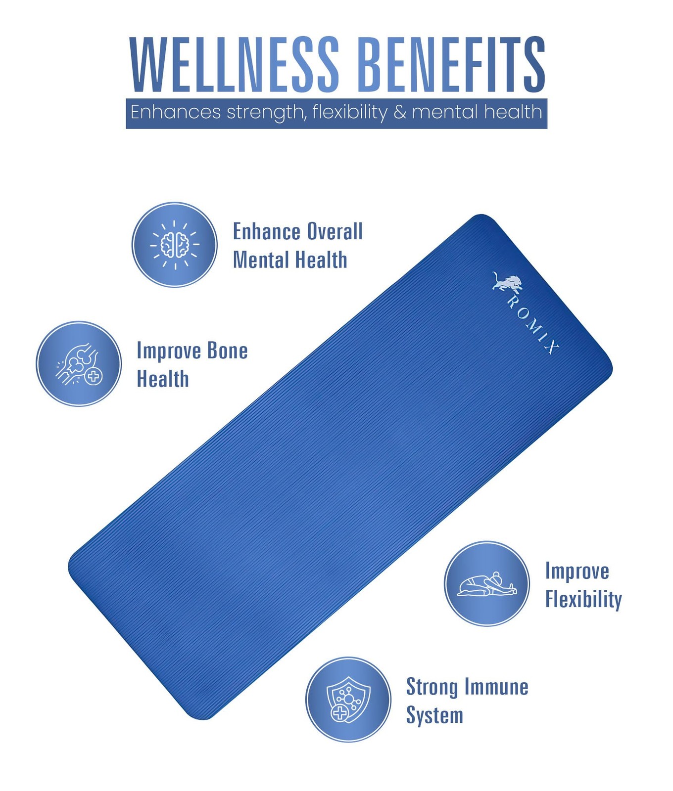 ROMIX Yoga Mat Thick 2/5 Inch (10mm), 72&Prime;L x 24&Prime;W Non-Slip Workout Mat, Blue