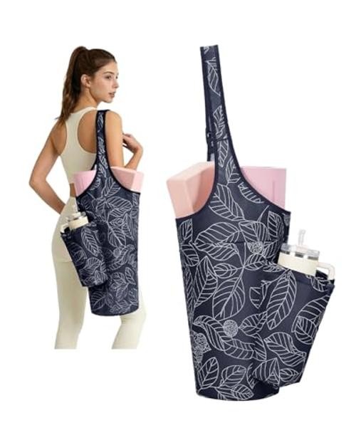Large Navy Blue Yoga Mat Bag for Women with Drawstring Pocket & Inner Pocket