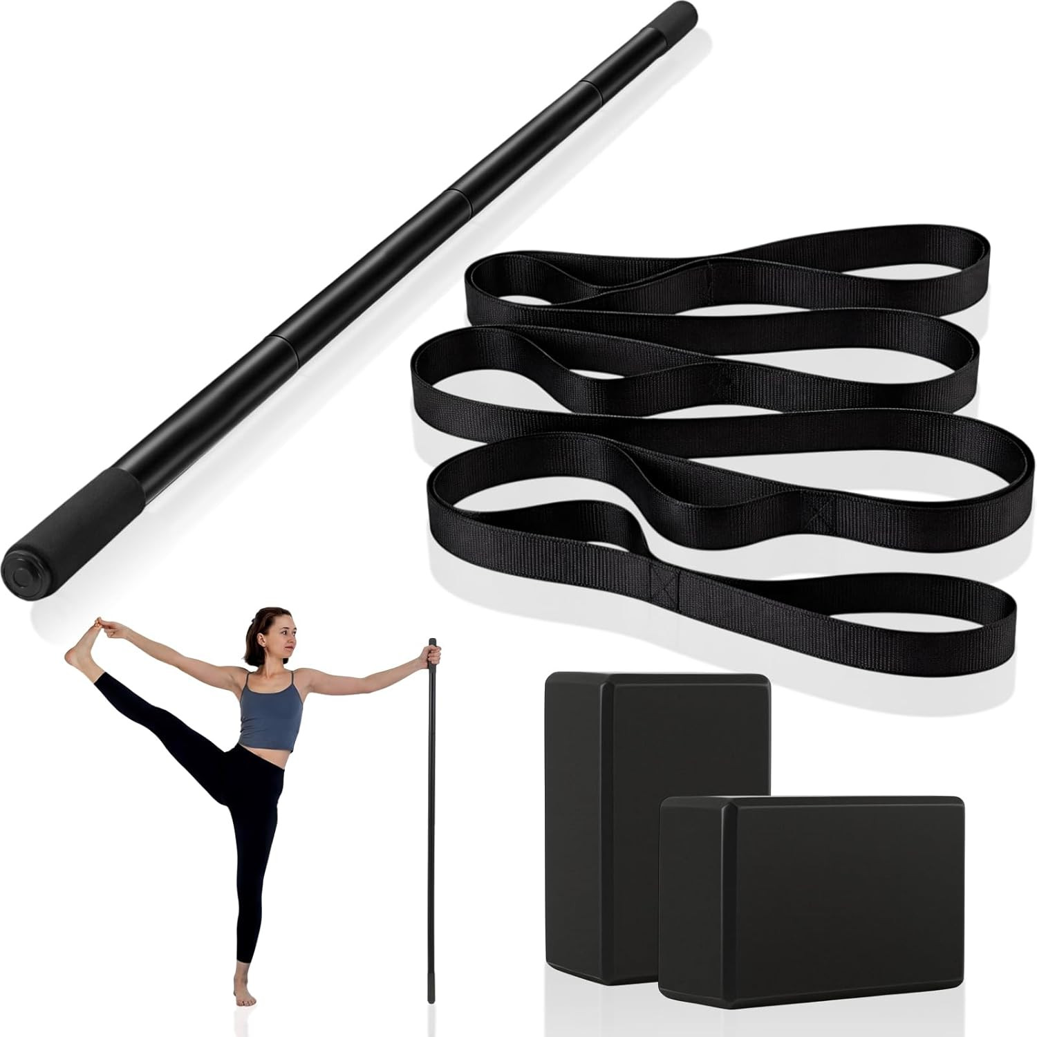 4 Pcs Adjustable Yoga Stick Set with Strap & Blocks – 60 Inch