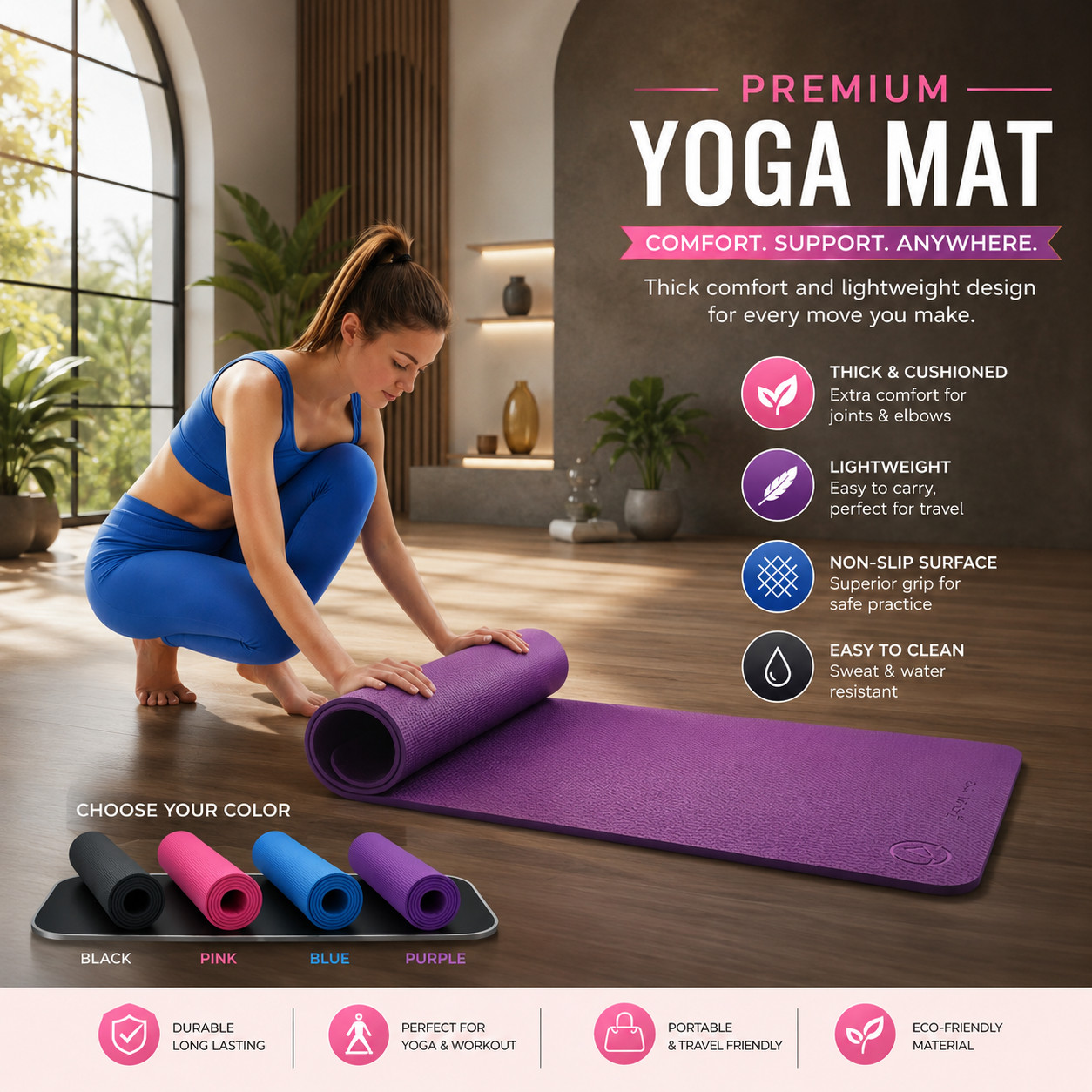 Large Yoga Mat 6mm Thick Home Exercise Non-Slip Gym Exercise Mat 72&Prime;x24&Prime; (Blue)
