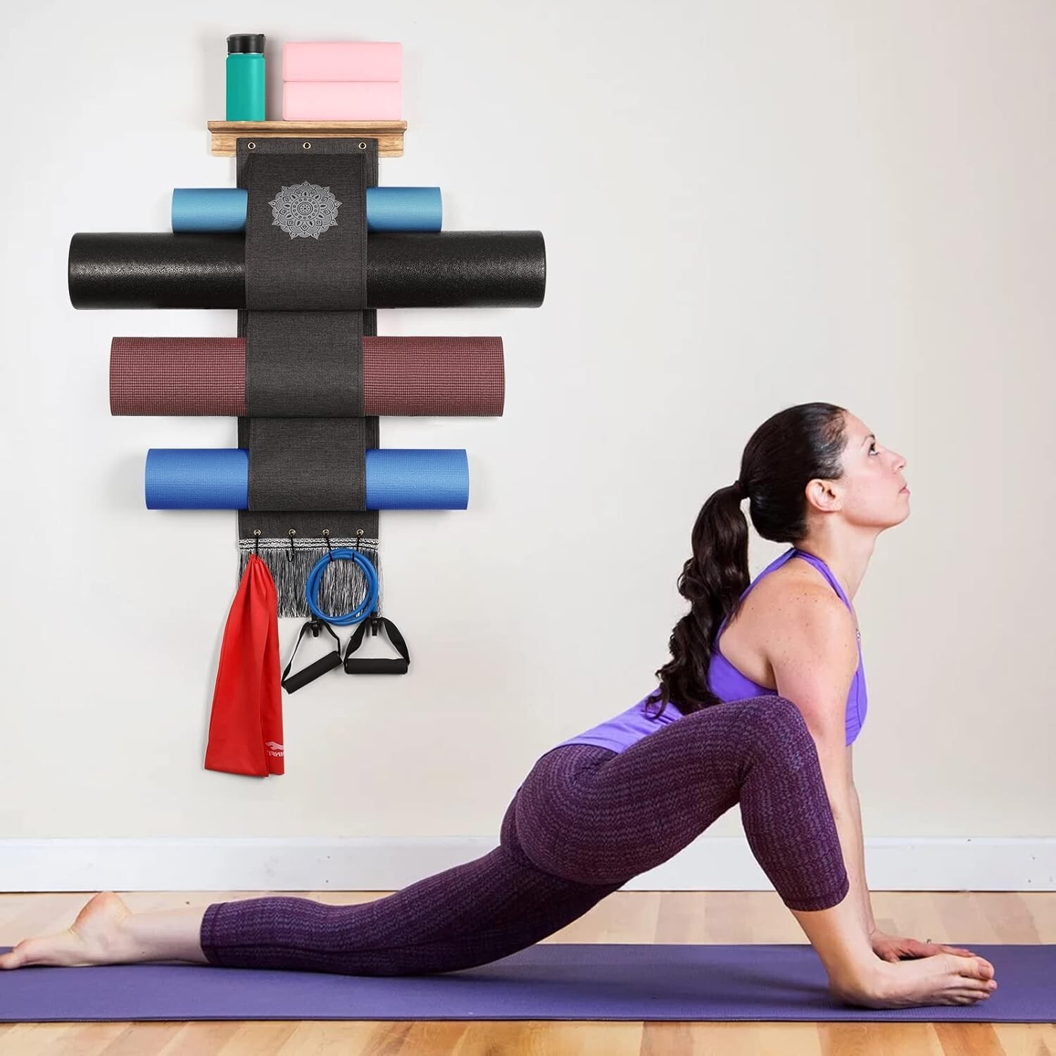 Yoga Mat Holder Wall Mount Yoga Mat Storage Rack with 3 Sizes Easy Access Pocket