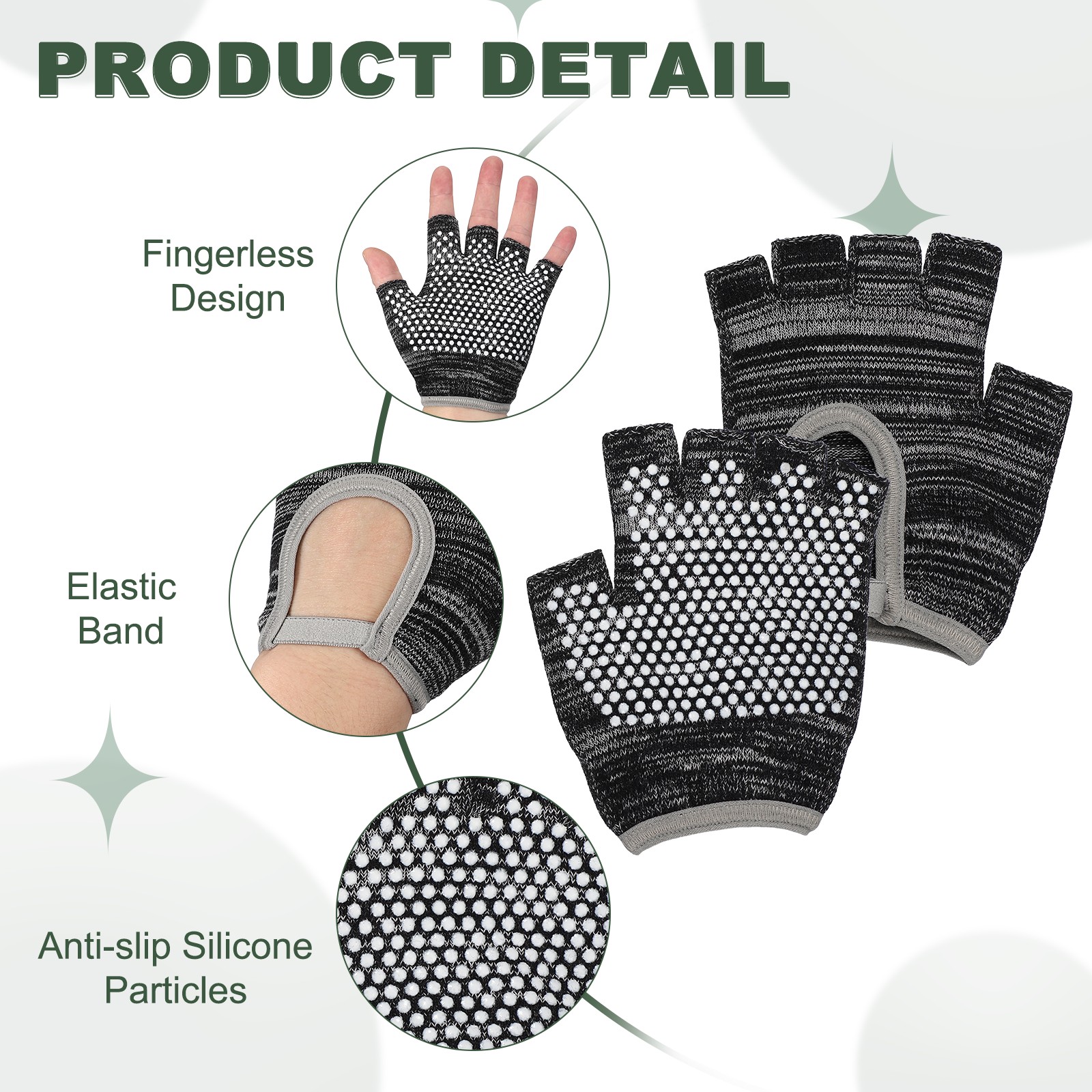 Yoga Gloves, Non Slip Fingerless Pilates Gloves, Black Grey