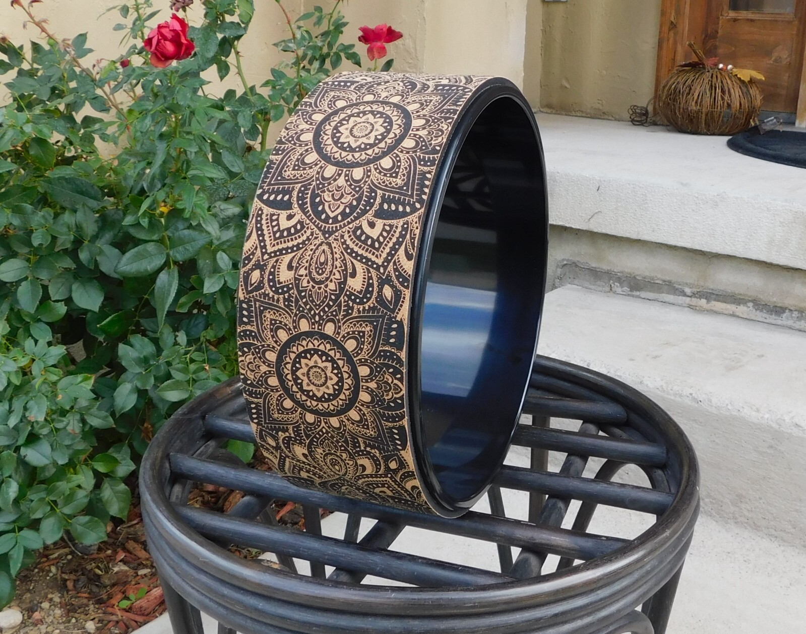 Cork Yoga Wheel by Yoga Design Lab (12.6 diameter), mandala black, New